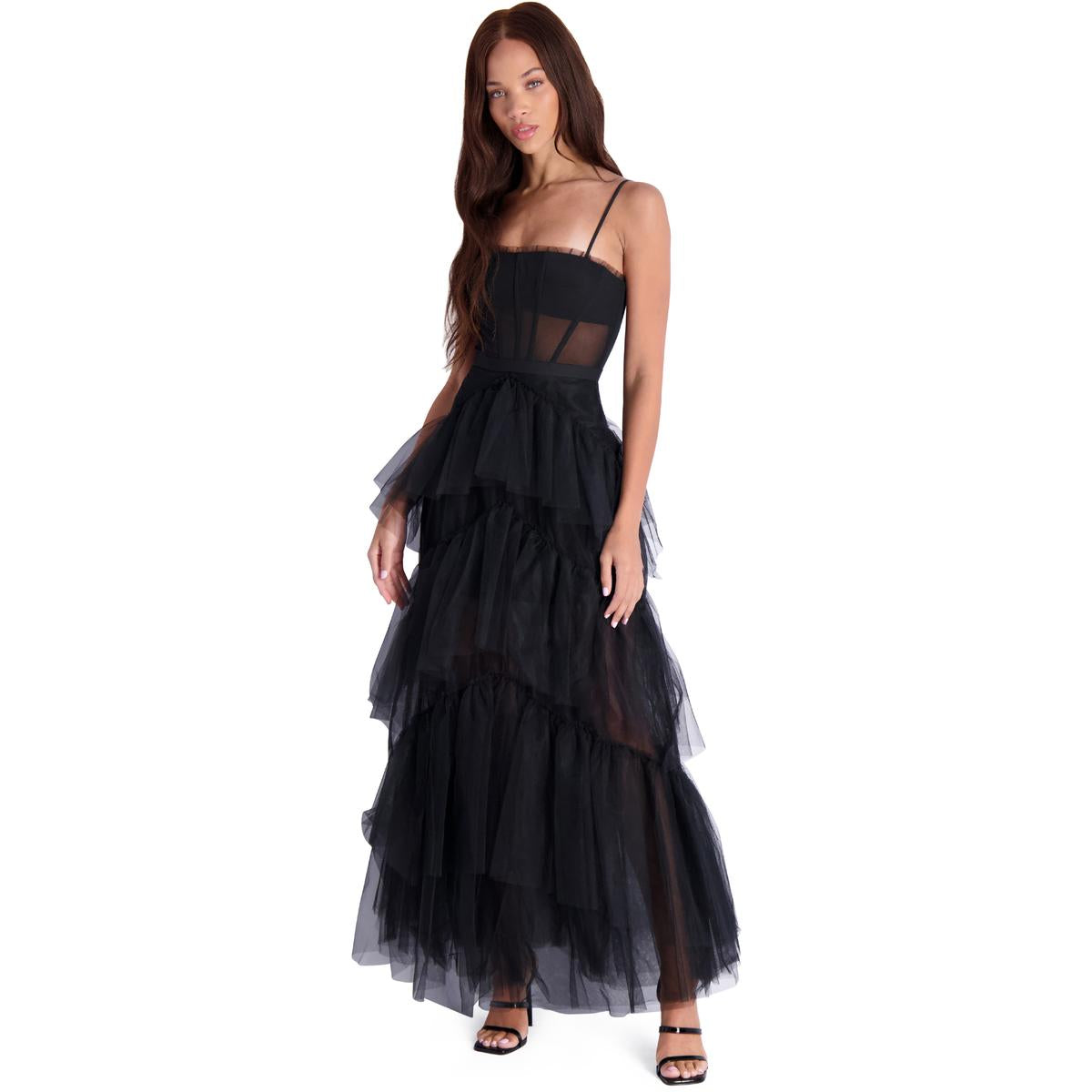 BCBG Max Azria Oly Women s Tiered Ruffle Tulle Sleeveless Corset Eveni