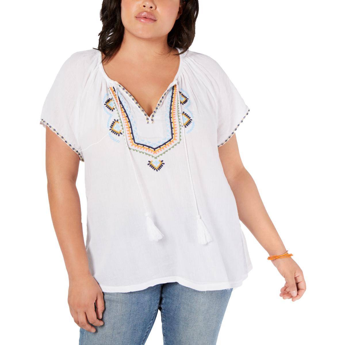 Lucky Brand Women's 3X Plus White Knit Embroidered Peasant Blouse Top NWT