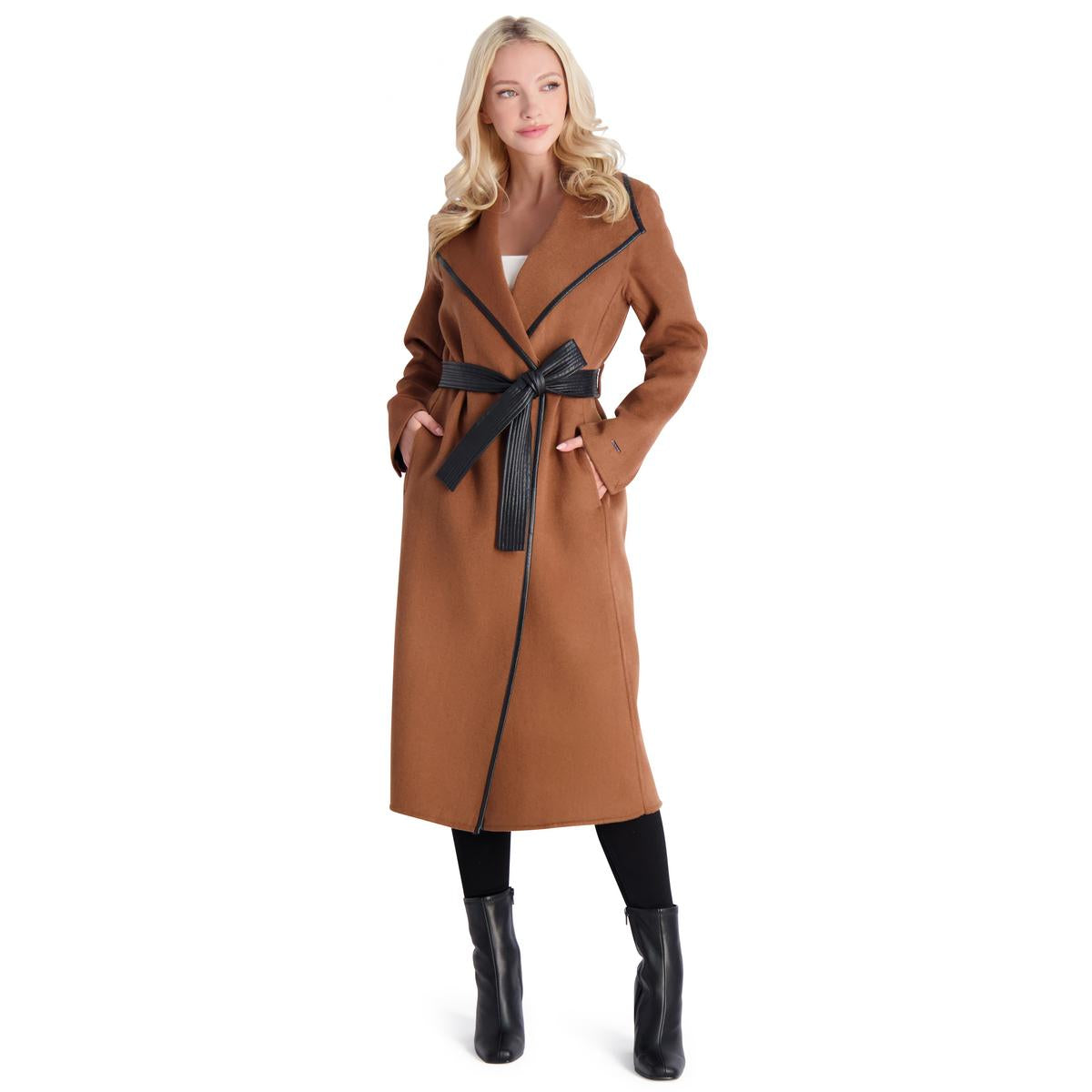 Avec Les Filles Women's Belted Faux Fur Trim Walker Coat 