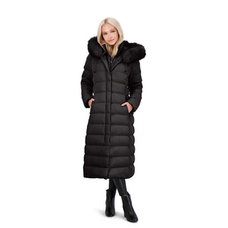 Harper luxe quilted longline hooded puffer coat hot sale with faux fur trim & belt in grey