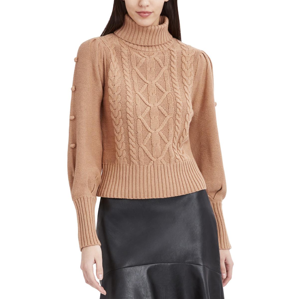 BCBGMAXAZRIA Women s Cable Knit Pom Pullover Turtleneck Sweater