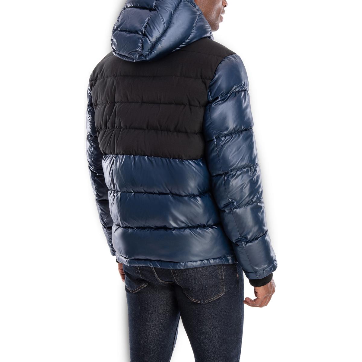 London Fog Men's Mixed Media Insulated Puffer Jacket with Attached Hood