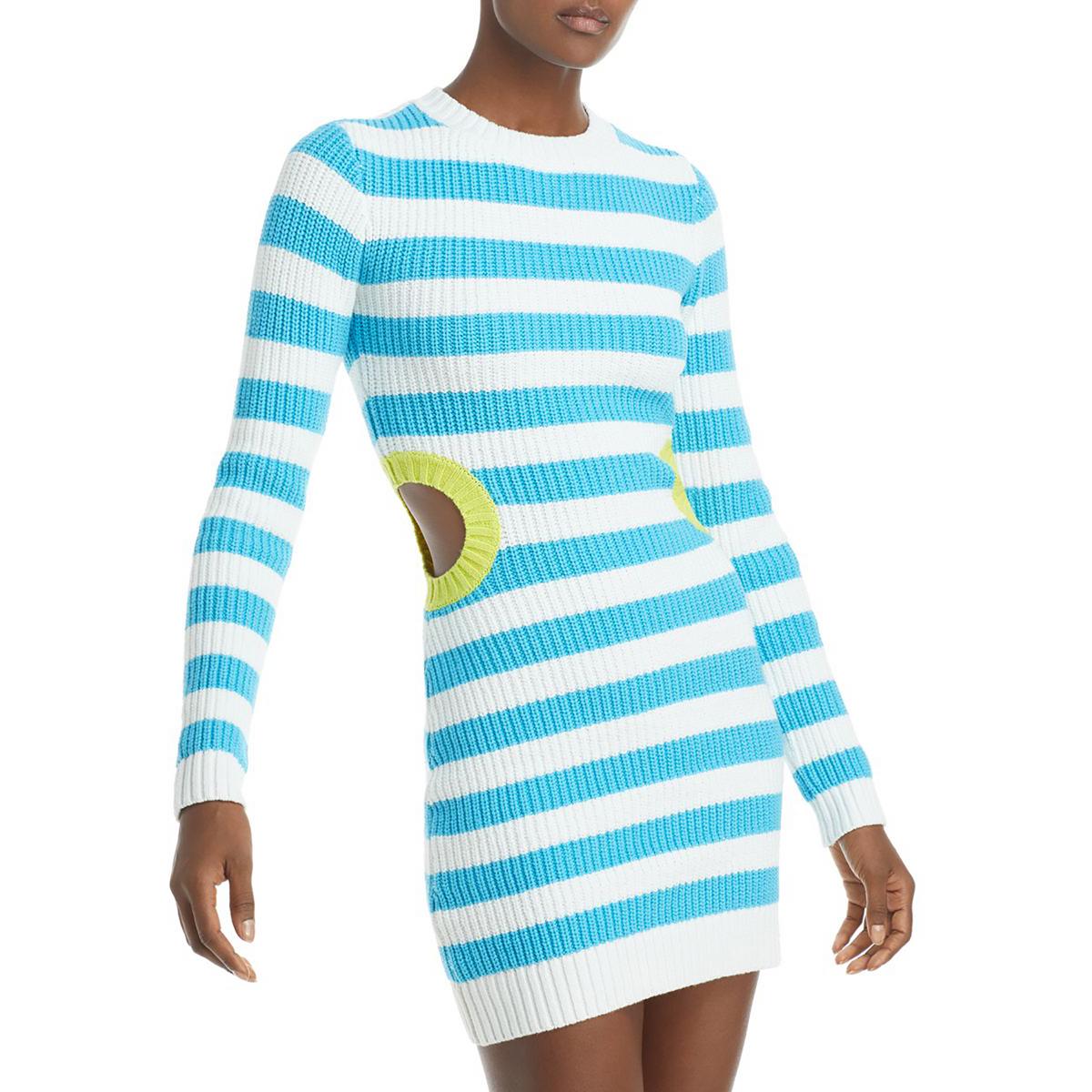 STAUD Womens Striped Cut Out Mini Sweaterdress