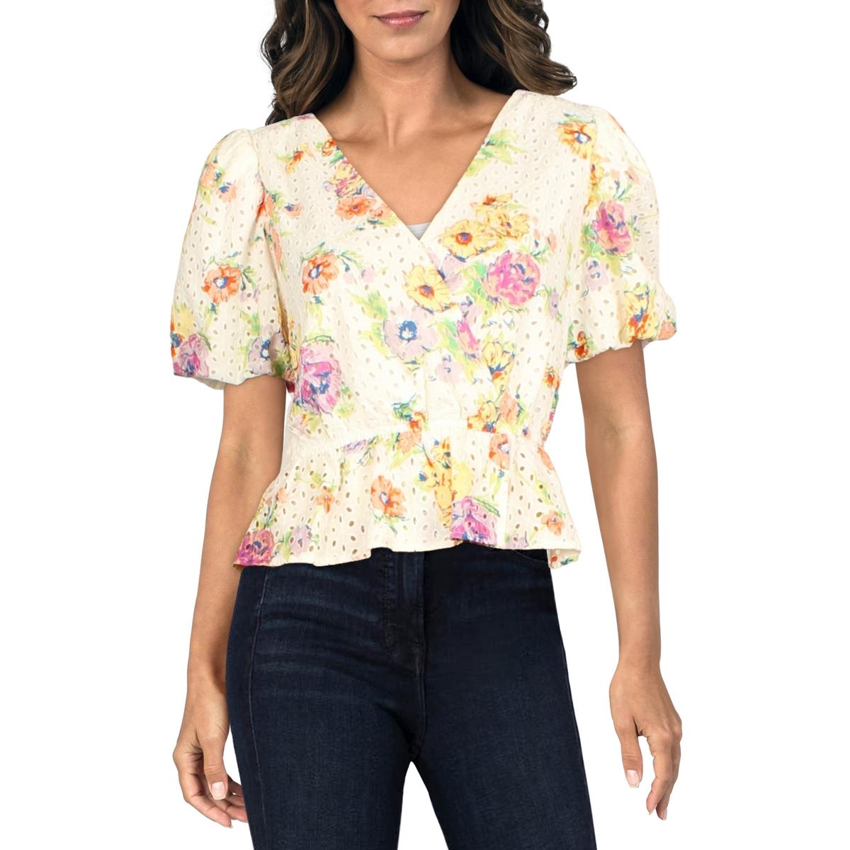 WAYF Womens Eyelet Floral Peplum Top