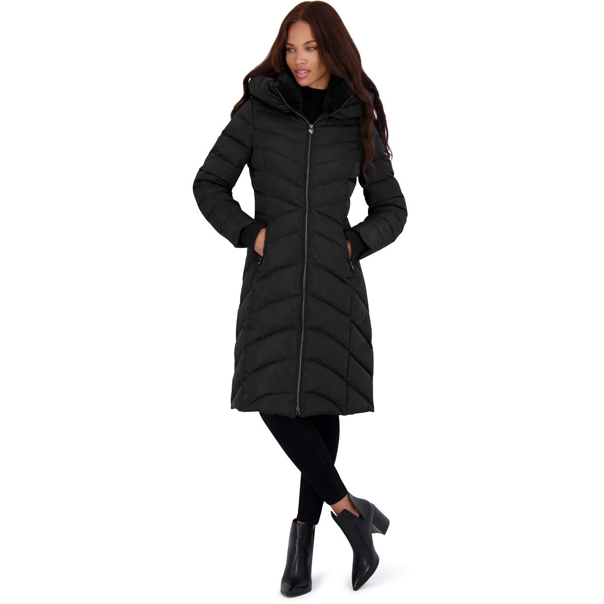 T tahari jacqueline faux fur trim maxi hotsell puffer coat