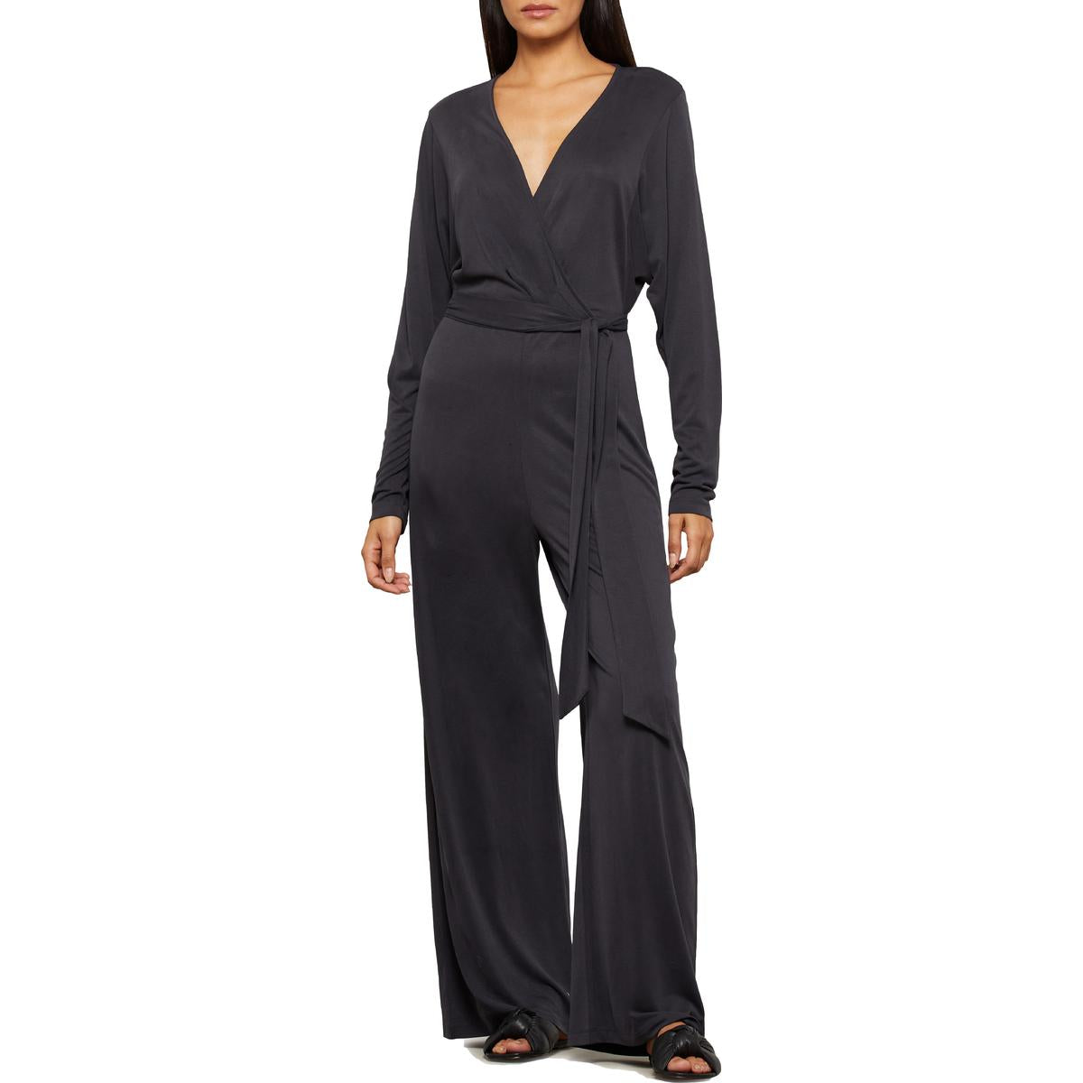 BCBGMAXAZRIA Women s Long Sleeve Belted Surplice Wide Leg Jumpsuit