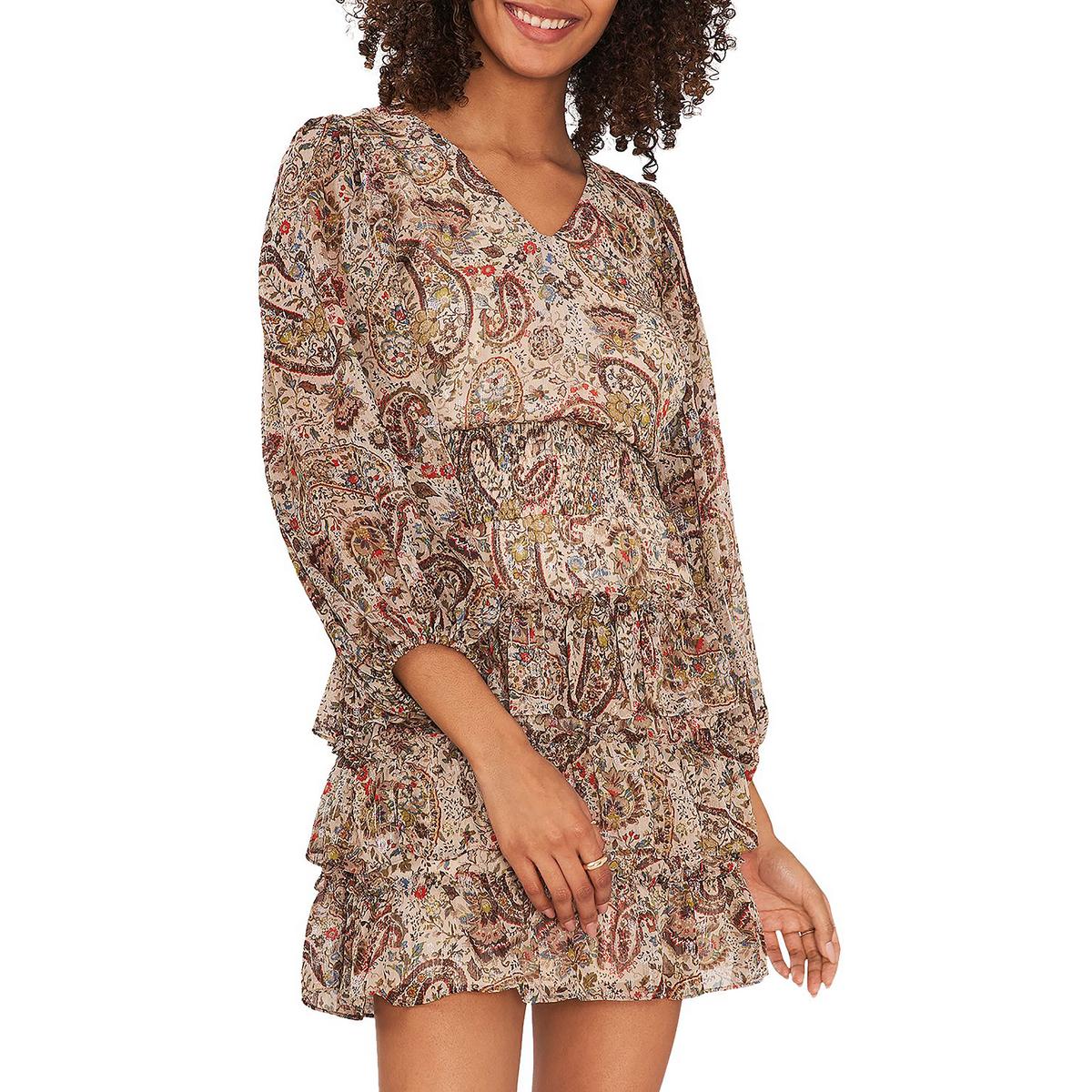 Vince Camuto Printed Smocked Ruffled-sleeve Dress