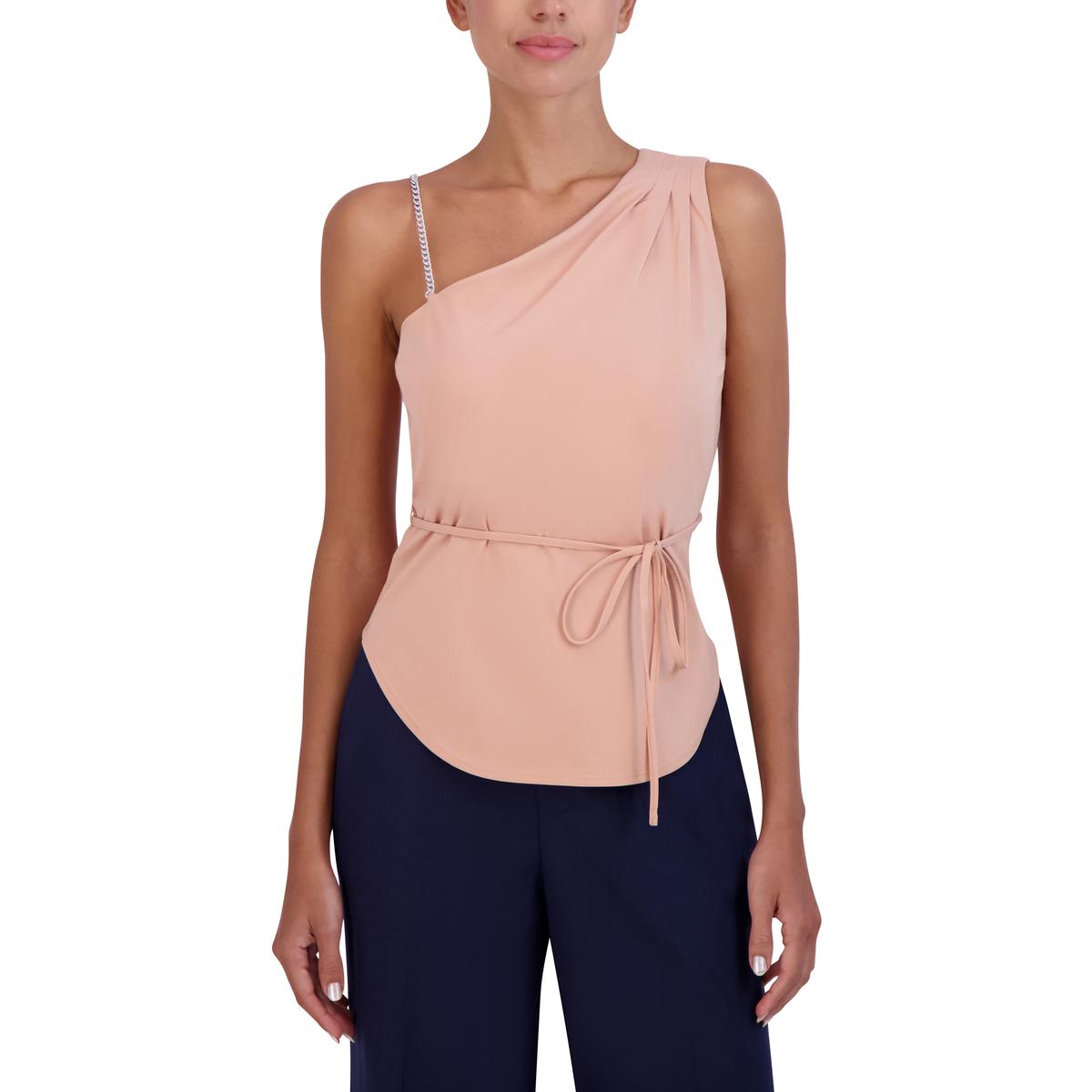 BCBGMAXAZRIA Women s Asymmetric Pleated Tie Waist Blouse with Chain Strap